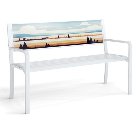 Panchina da giardino per esterni, panca da patio in metallo a 2 posti con schienale decorativo, seduta a doghe e braccioli, 128 x 53 x 81,5 cm, Bianco
