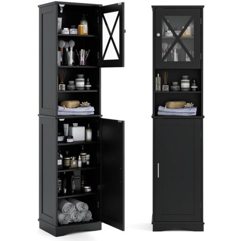COSTWAY Mobile Bagno 40 x 30 x 170,5cm, Armadietto a Colonna Stretto e Alto con 5 Ripiani Regolabili e 2 Porte, Armadio da Terra in Legno per Soggiorno, Camera da Letto, Salotto e Cucina (Nero)