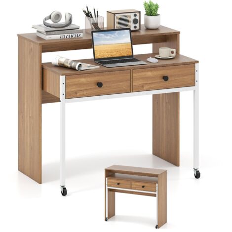 COSTWAY Scrivania per Computer, Tavolo Salvaspazio Retrattile con Cassetti e Ruote Universali Bloccabile, 100 x 63 x 88 cm, Desk Gaming per Ufficio, Soggiorno e Camera da Letto (Naturale)