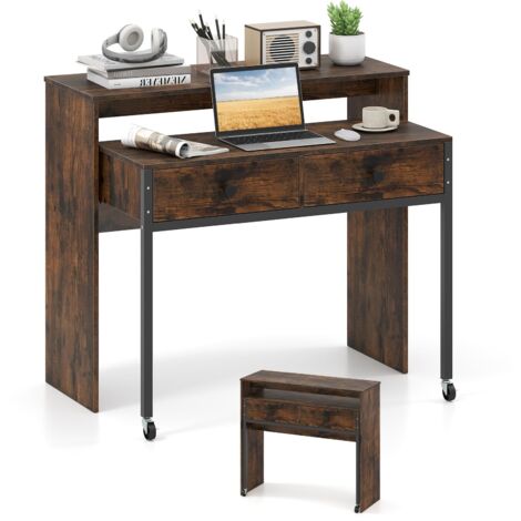 COSTWAY Scrivania per Computer, Tavolo Salvaspazio Retrattile con Cassetti e Ruote Universali Bloccabile, 100 x 63 x 88 cm, Desk Gaming per Ufficio, Soggiorno e Camera da Letto (Marrone)