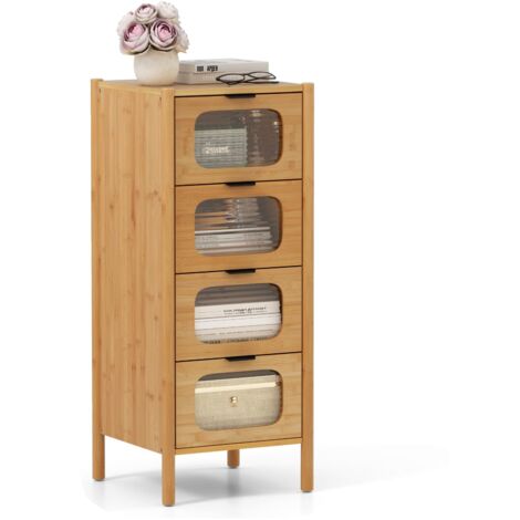 COSTWAY Cassettiera a 4 Cassetti in Bambù e Vetro, Cassettiera Alta per Camera da Letto, Credenza Salvaspazio per Soggiorno, Ingresso e Corridoio, 40 x 40 x 97 cm, Naturale