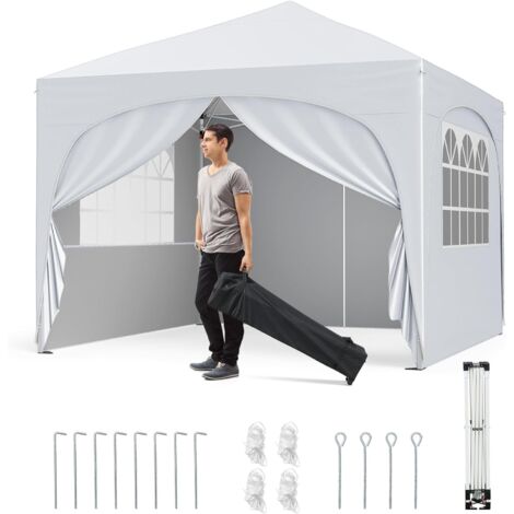 Gazebo da giardino 3x3 m con 4 pareti laterali rimovibili, tenda da festa portatile con borsa con ruote, 8 Picchetti, 4 corde estensibili, 4 sacchi, bianco (1/5)