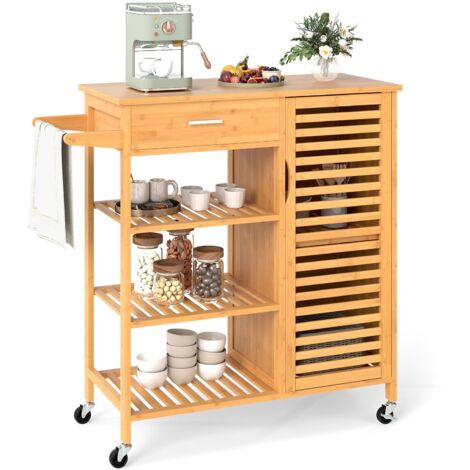 COSTWAY Carrello da Cucina in Bambù, Mobile Cucina con Ruote Cassetto, 3 Ripiani Aperti, Armadietto, Portasalviette, Carrello da Portata per Sala da Pranzo, 91 x 44 x 89 cm (1/5)