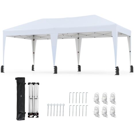 Tenda pieghevole 6 x 3 m, Gazebo pieghevole per esterni con borsa con ruote, 12 picchetti, 6 corde antivento, 6 sacchi di sabbia, per campeggio, Bianco (1/5)