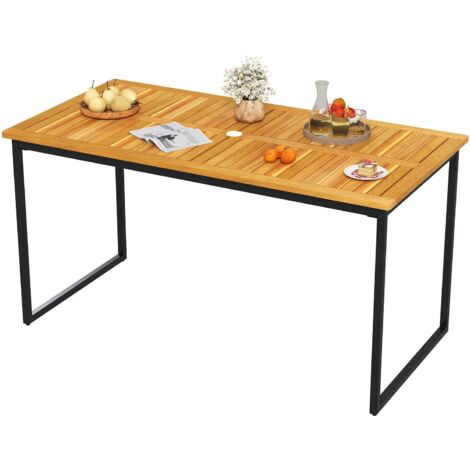 Tavolo da Pranzo in Legno di Acacia per 6 Persone, Tavolo da Giardino Rettangolare con Piano a Doghe, Struttura in Metallo e Foro per Ombrellone, Arredo da Esterno per Cortile e Giardino