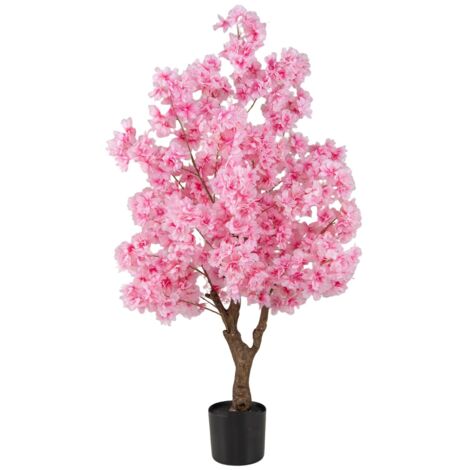 COSTWAY Albero di Ciliegio Artificiale da 118 cm con Fiori Rosa, Tronco PE Multiramo e Base Riempita di Cemento, Pianta Finta da Interno ed Esterno in Vaso per Ufficio, Casa, Matrimonio