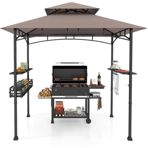 COSTWAY Gazebo per Barbecue, Pergola per BBQ con 2 Ripiani Laterali, Cestino, Ganci Appendiutensili, Apribottiglie, Copertura a 2 Livelli, per Giardino e Cortile, 242 x 153 x 250 cm (Marrone) (1/5)