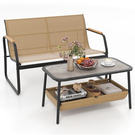 COSTWAY Set Tavolo e Panca da Giardino, Tavolino da Caffè con 2 Scomparti di Stoccaggio, Set Bistro da Esterno in Metallo, per Balcone Veranda, Pancha Portata 300 kg, Tavolo Portata 80 kg (1/5)