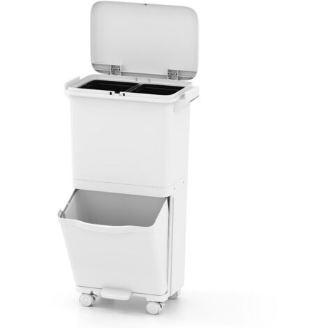 COSTWAY Pattumiera a 2 Livelli, Bidone per Spazzatura 40L con Cestino Inclinato, 4 Ruote e Adesivi per Classificazione, Pattumiera in Plastica a Pedale per Cucina Sala da Pranzo Soggiorno