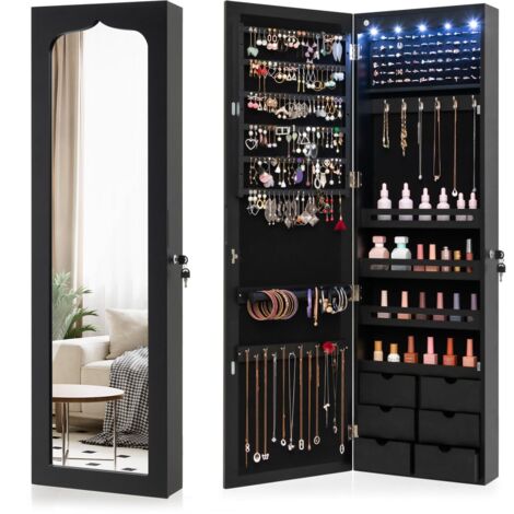 COSTWAY Armadio portagioielli con 5 Luci LED, Porta che Si Chiude, Armadio Portagioielli Montato a Muro con Specchio e 6 Cassetti, Organizer Gioielli con Tanto Spazio per Ragazze (Nero) (1/5)