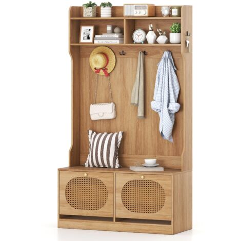 COSTWAY 4 in 1 Stand Appendiabiti da Terra, Panchina con Appendiabiti e Cassetti a Ribalta, Attaccapanni da Ingresso con 6 Ganci Doppi e Ante, Ideale per Ingresso Soggiorno Guardaroba, 101,5x40x180 cm