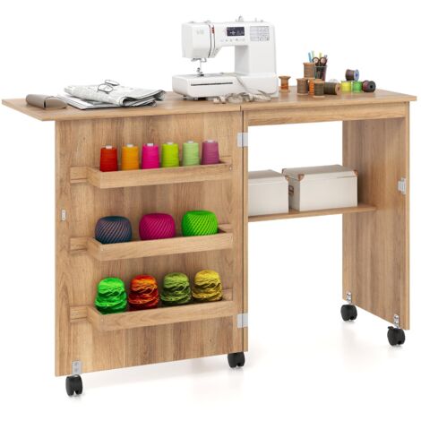 COSTWAY Tavolo da Cucito Pieghevole, Mobile per Macchina da Cucire con Ripiano Portaoggetti, 3 Scomparti Nascosti e Ruote Bloccabili, Mobile Multiuso per Piccoli Spazi (Legno, 118,5 x 40 x 79,5 cm) (1/5)