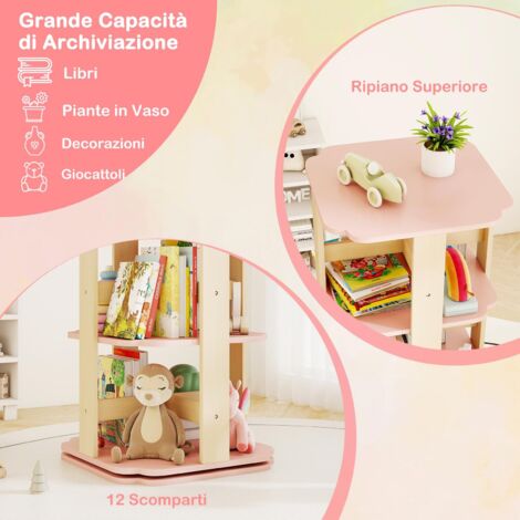 Libreria Girevole Bambini A 3 Livelli – Scaffale Angolare Con 12 Scomparti, 48x48x95,5 Cm, Rosa, In MDF