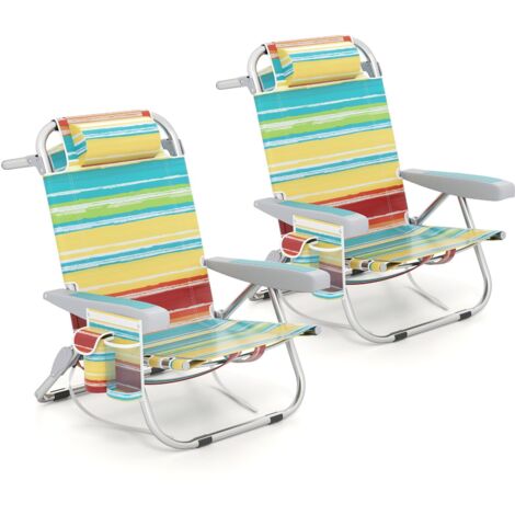 COSTWAY Sedia da Spiaggia, Sdraio Pieghevole a 5 Posizioni con Portabicchieri, Poltrona da Spiaggia con Cuscino per Testa e Zaino, Sedia da Campeggio Portatile, Portata 150 kg (2, Colorate)