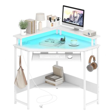 GYMAX Scrivania Angolare Per Computer Con Libreria, Prese USB E Porta Tastiera – Bianco/Dorato