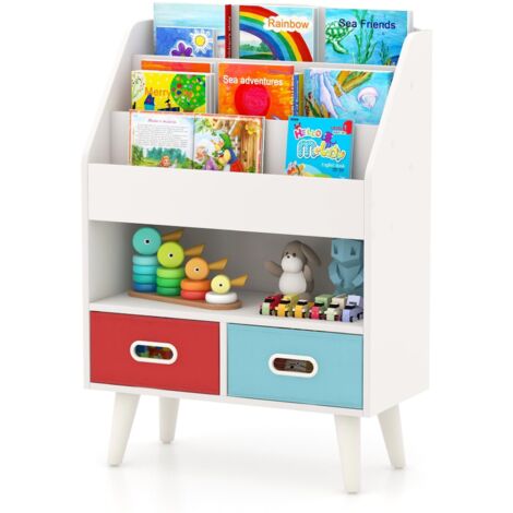 Libreria per bambini in legno con scomparto e 2 cassetti in tessuto, kit anti-ribaltamento, portata 100 kg per bambini dai 3 anni in su (bianco)