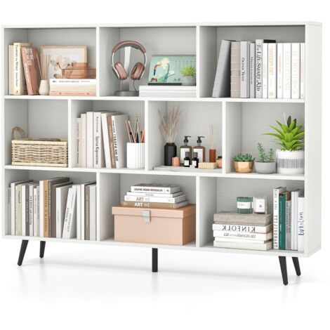 Libreria a 10 cubi 140 x 24 x 107 cm, organizer con 5 gambe in metallo affusolate, ripiano con 2 kit anticaduta per salone, ufficio, bianco
