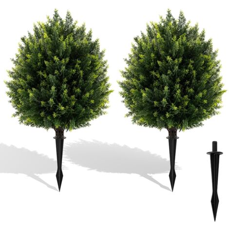 COSTWAY Set di Alberi Sferici Artificiali di Cipresso 61 cm, 2 Pezzi di Arbusti Finti di Cedro con Picchetto per Terreno, Piante Ornamentali Finte Resistenti al Sole per Decorazione Interna & Esterna