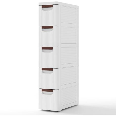 Cassettone stretto piccolo, mobiletto portaoggetti in plastica a 3 cassetti Mobiletto, Mobiletto da bagno con ruote, Mobiletto piccolo, 42x19x91 cm (5 ripiani) (1/5)