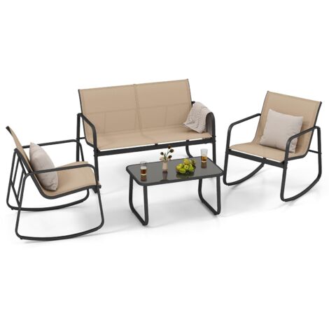 COSTWAY Set da Giardino 4 Pezzi in Tessuto Textilene, Set da Bistrò da Patio, Set tavolo e sedie con Tavolino in Vetro, 2 Sedie e Divanetto a Dondolo, per Giardino Coltile (Marrone)