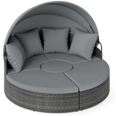 GIANTEX Letto da giardino esterno rotondo 187 cm in rattan PE con baldacchino retrattile, divano letto esterno per 2-3 persone, set salotto da
