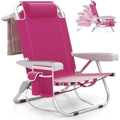 COSTWAY Sedia da Spiaggia, Sdraio Pieghevole a 5 Posizioni con Portabicchieri, Poltrona da Spiaggia con Cuscino per Testa e Zaino, Sedia da Campeggio Portatile, Portata 150 kg (Rosa,1)