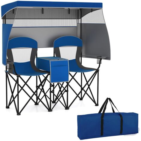 COSTWAY Sedia Spiaggia a Doppio, Sedia da Campeggio con Tettoia Regolabile, Poltrona Loveseat per 2 Persone, con Borsa da Trasporto, Borsa Termica, per Giardino Picnic, Portata 300 kg (Blu)