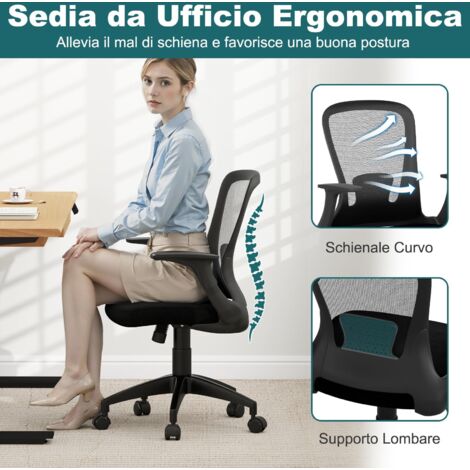 Sedia Ufficio Ergonomica In Rete Con Braccioli Ribaltabili E Supporto Lombare – Girevole, Nera