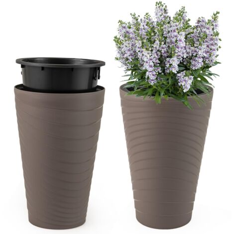 COSTWAY Set di 2 Vasi da Fiori Alti 45 cm, Vasi per Piante da Interno ed Esterno, con Manico, Fori di Drenaggio, Vasi Rotondi a Spirale Testurizzata per Giardino, Patio e Veranda