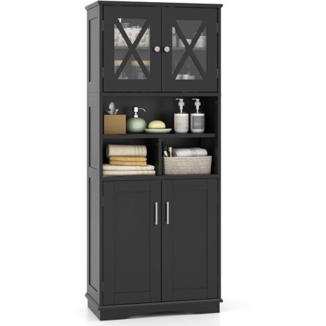 HAPPYGRILL Mobiletto Bagno Stretto Con Antiribaltamento – Armadietto Da Pavimento Con Ripiani Regolabili, 30x30x80 Cm, Nero - 2