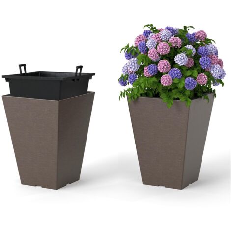 COSTWAY 2 Vasi Alti Quadrati, Vasi da Fiori Auto-irriganti con Secchio Interno Rimovibile e Fori di Drenaggio, Contenitori Decorativi per Piante da Interno ed Esterno (25 x 25 x 35 cm)