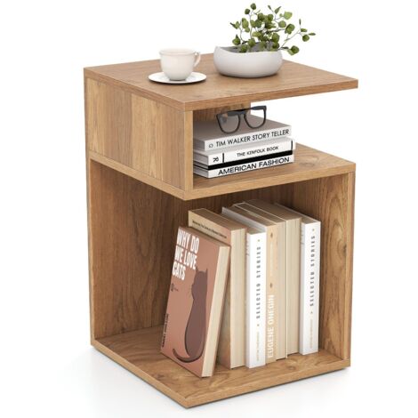 COSTWAY Tavolino Laterale da Salotto a Forma di S per Piccoli Spazi, Tavolino per Divano con 2 Scomparti Aperti, Comodino Moderno per Soggiorno, Camera da Letto e Studio, Bianco (1,Legno)