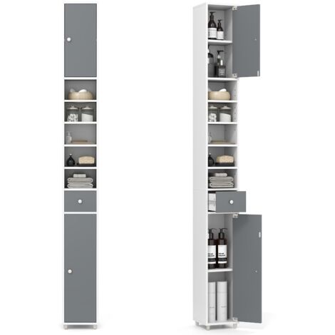 COSTWAY Armadio da Terra Alto, Mobile Colonna Bagno con 2 Ante 1 Cassetto e 5 Ripiani Regolabili, Mobile Bagno Salvaspazio per Soggiorno e Camera da Letto, 20x20x180cm (Grigio+Bianco)