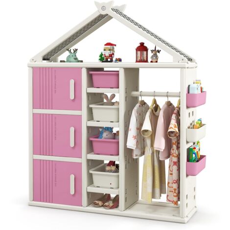 COSTWAY Armadio per Bambini, Organizzatore a Forma di Casa con 1 Lavagna, 3 Armadietti, 4 Cestini, 3 Cubi Chiusi e 3 Cestini Laterali, Armadietto Salvaspazio per Camera da Letto e Soggiorno (Rosa)
