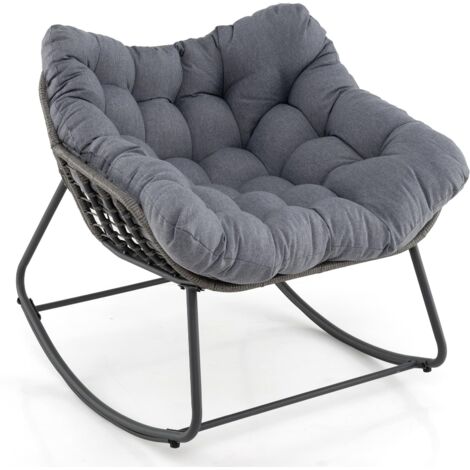 COSTWAY Sedia a Dondolo da Esterno, Poltrona in PE Vimini con Cuscino Rimovibile, Poltrona Relax in Rattan con Struttura in Metallo, per Soggiorno, Balcone, Giardino, Portata 150 kg (Grigio)