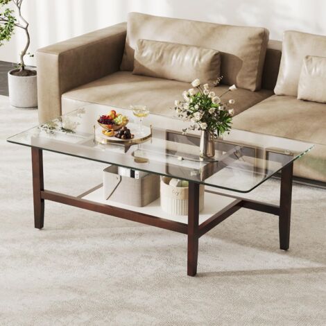 COSTWAY Tavolino da Caffè in Vetro, Tavolino Rettangolare a 2 Livelli con Ripiano e Gambe in Legno di Gomma, Tavolo Moderno per Soggiorno, Casa e Ufficio, 107 x 60 x 42 cm (1/5)