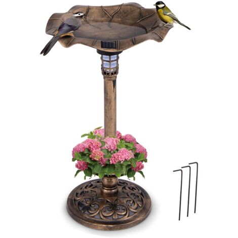 COSTWAY Mangiatoia per Uccelli Solare da Esterno, Bagno per Uccelli con Piedistallo e Ciotola a Forma di Foglia di Loto, Fioriera, Lampada Solare, Decorazione Vintage (Bronzo)