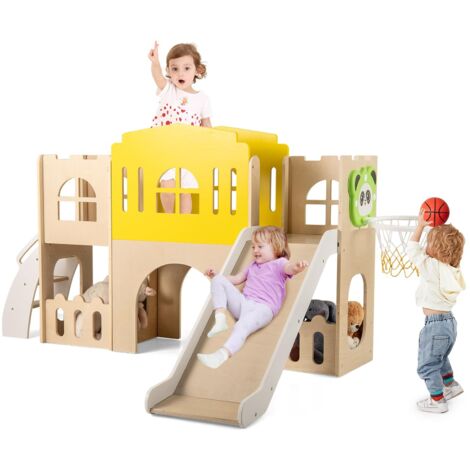 COSTWAY 7 in 1 Set da Scivolo per Bambini, Parco Giochi in Legno Interno ed Esterno con Arrampicata Canestro da Basket Corridoio Tunnel, Forma di Castello per Bambini 3 Anni + (1/5)