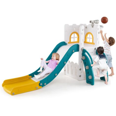 COSTWAY 6 in 1 Scivolo per Bambini, Set da Gioco a Forma di L con Canestro da Basket e Telescopio, Spazio di Archiviazione, Scivolo da Interno ed Esterno per 1-3 Anni (Giallo)
