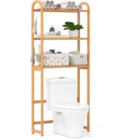 COSTWAY Scaffale Bagno Salvaspazio 71,5 x 25 x 166 cm, Mobile Sopra Lavatrice in Bambù a 3 Livelli con Ripiani a 5 Posizioni, 3 Ganci e Barra Inferiore, Porta Piante da Interno e Esterno