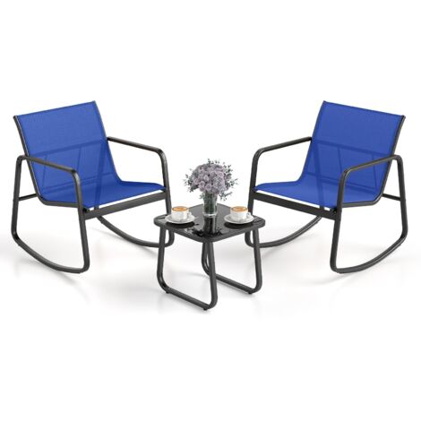 COSTWAY Set Tavolino e Sedie da Giardino, Set di Mobili a Dondolo, Set Bistrò 3 Pezzi, Tavolino in Vetro Temperato, Sedie in Textilene, per Giardino Cortile Piscina (Blu) (1/5)
