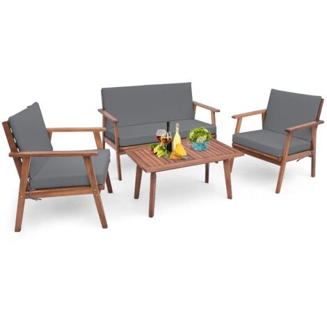 COSTWAY Set di Conversazione da Esterno in 4 Pezzi, Set da Divano in Legno di Acacia con Cuscini Morbidi per Sedile e Schienale, Tavolino da Caffè Rettangolare, per Patio Giardino Piscina (Grigio) (1/5)