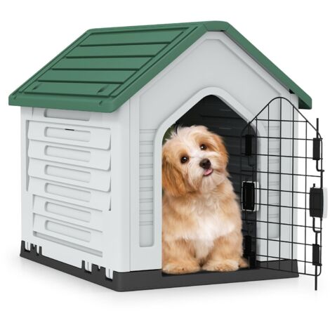 COSTWAY Cuccia per Cani da Esterno ed Interno, Cassetta per Cani Impermeabile con Porta in Metallo Bloccabile e Prese d'aria e Tetto Spiovente, Cucce per Cuccioli per Casa, 66,5 x 52 x 60 cm (Verde)