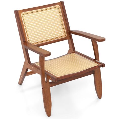 COSTWAY Poltrona Lounge, Poltrona Ergonomica in Rettan e Bambù con Schienale e Braccioli, Portata 150 kg, Sedia Bohemien per Soggiorno, Camera da Letto e Studio (1/5)