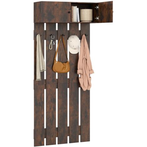 COSTWAY Appendiabiti da Parete per Ingresso, Attaccapanni in Legno con 5 Ganci Doppi e Armadietto a 2 Ante, Mensola Salvaspazio per Camera da Letto, Soggiorno e Cucina, 90 x 33 x 210 cm (Marrone)