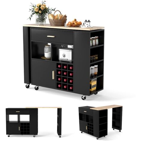COSTWAY 2 in 1 Carrello da Cucina, Carrello di Servizio Reversibile con Piano in Legno di Gomma, Ripiano Regolabile Porta Calici per 12 Bottiglie, 120x40x100 cm (Nero) (1/5)