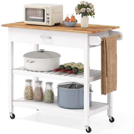 Carrello da Cucina a 3 Ripiani con Piano di Lavoro, Cassetto, 2 Ripiani Aperti e Ruote con Freno, 106 x 50 x 89 cm, Bianco (1/5)