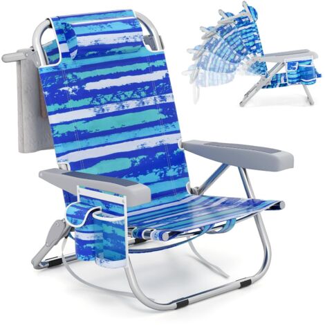 COSTWAY Sedia da Spiaggia, Sdraio Pieghevole a 5 Posizioni con Portabicchieri, Poltrona da Spiaggia con Cuscino per Testa e Zaino, Sedia da Campeggio Portatile, Portata 150 kg (1, Blu Scuro) (1/5)