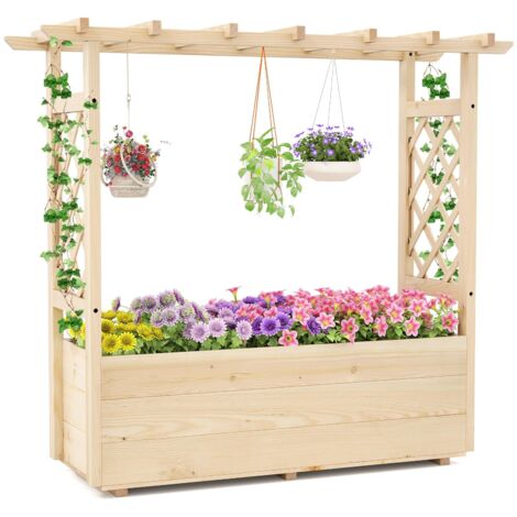 Letto rialzato in legno massello con traliccio, tetto sospeso, drenaggio, per piante rampicanti, fiori, ortaggi, 115 x 40 x 103 cm