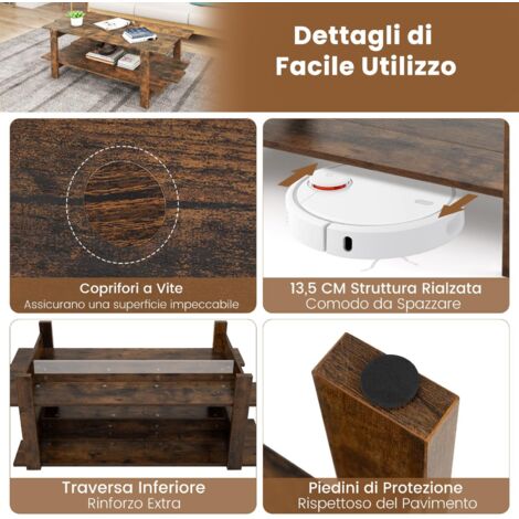 Tavolino da caffè, con ripiano portaoggetti a 2 livelli, effetto legno e struttura in metallo, piano rettangolare rialzato per soggiorno, sala di